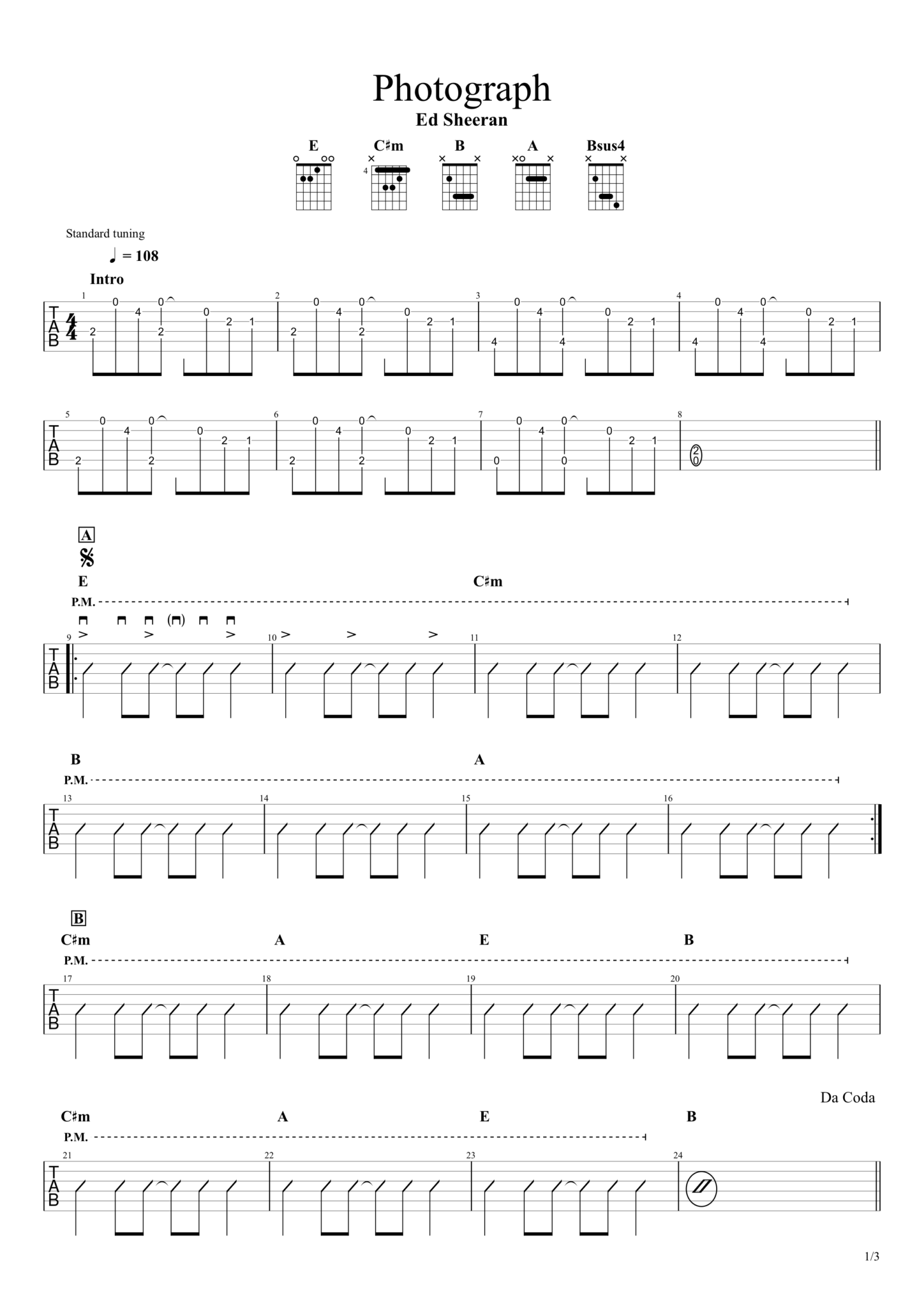 Photograph／Ed Sheeran【無料ギターTAB＆コード譜（free Guitar Tab & Chords）】 | Easy ...