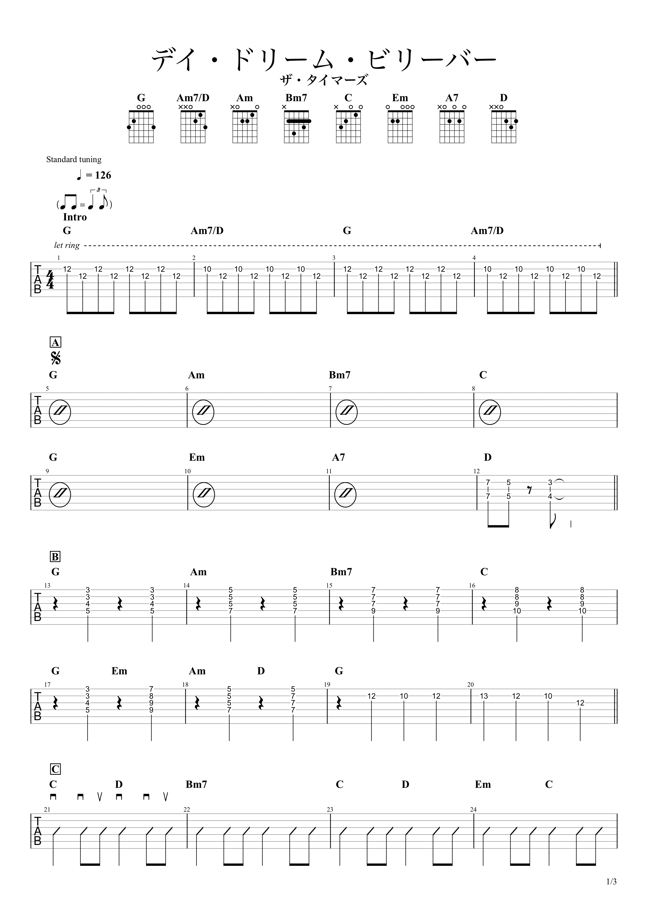 デイ・ドリーム・ビリーバー／ザ・タイマーズ　ギタータブ＆コード譜01