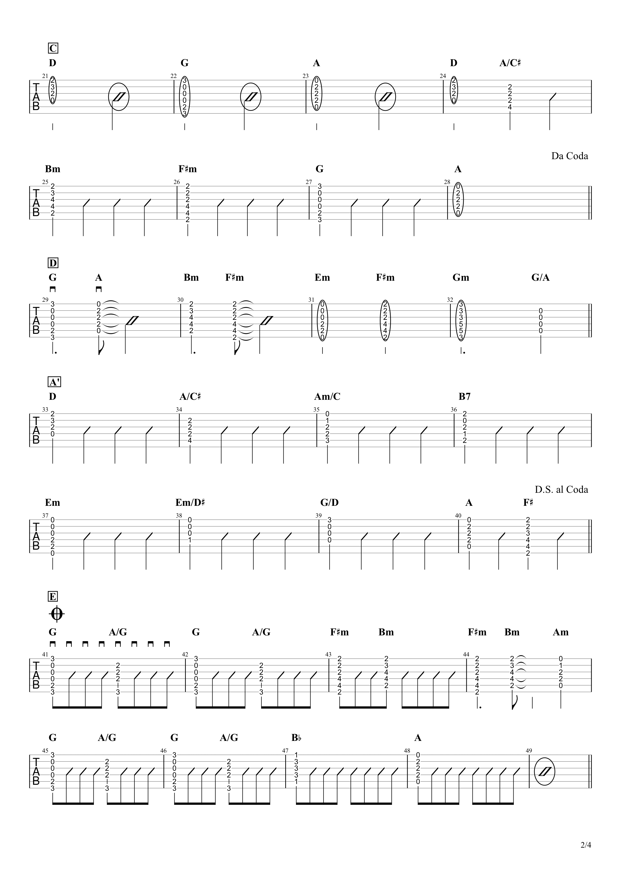 アイノカタチ／GReeeeN　ギタータブ譜　カポあり簡単コードアレンジVer.02