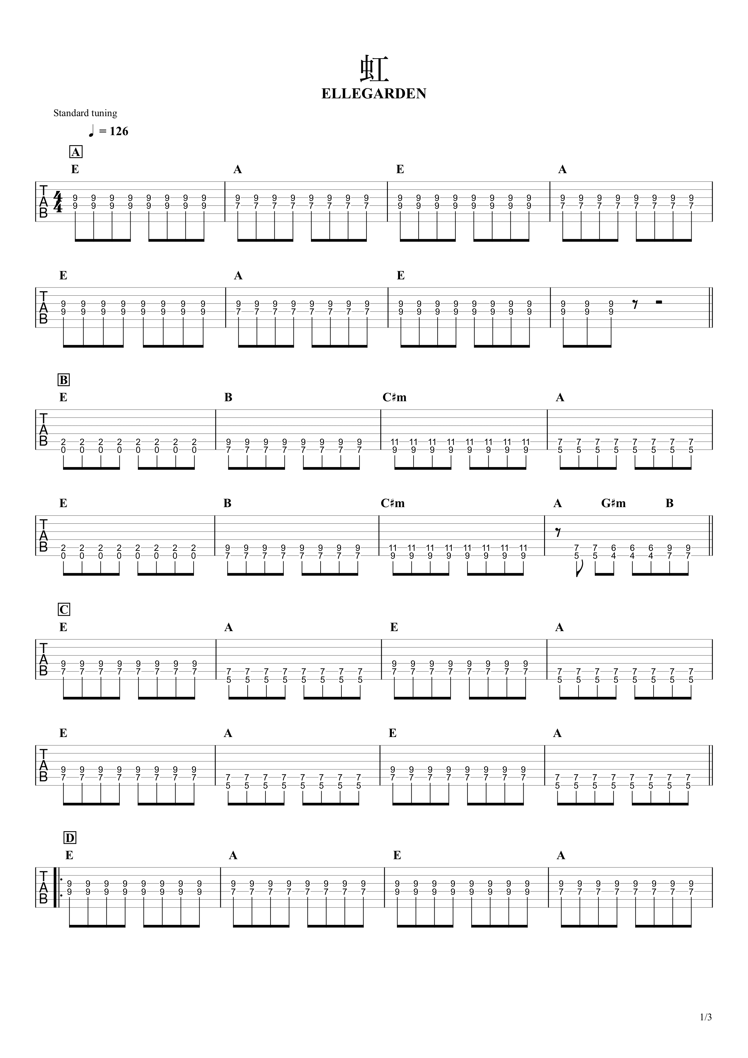 虹／ELLEGARDEN　ギタータブ譜　ほぼパワーコードだけの簡単アレンジVer.01