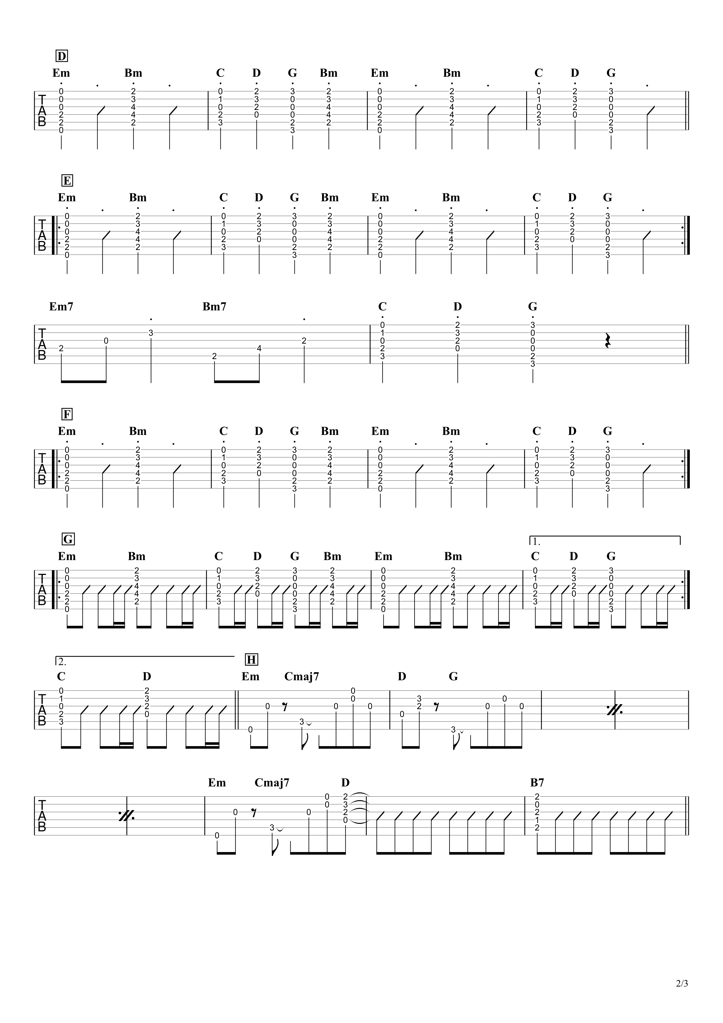 夜明けと蛍／初音ミク（n-buna）　ギタータブ譜　コードストロークとアルペジオで弾くVer.02