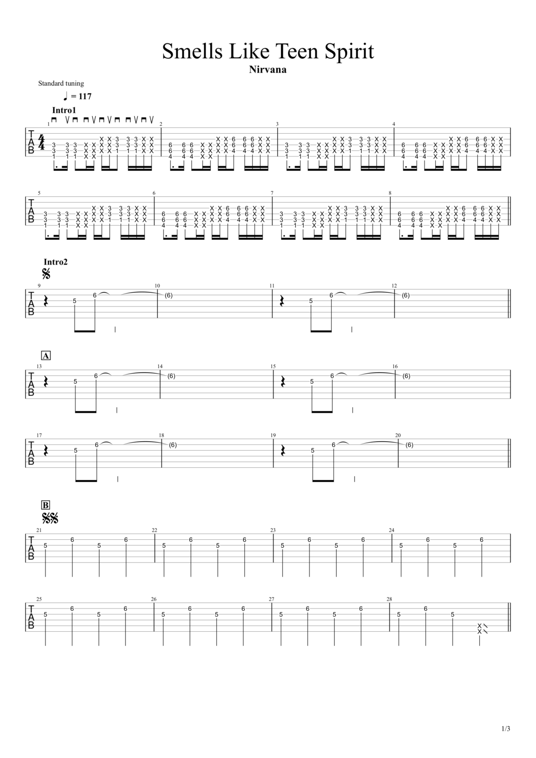 【smells Like Teen Spirit／nirvana】無料ギターtab譜（free Guitar Tabs）｜ほぼ完コピアレンジ 